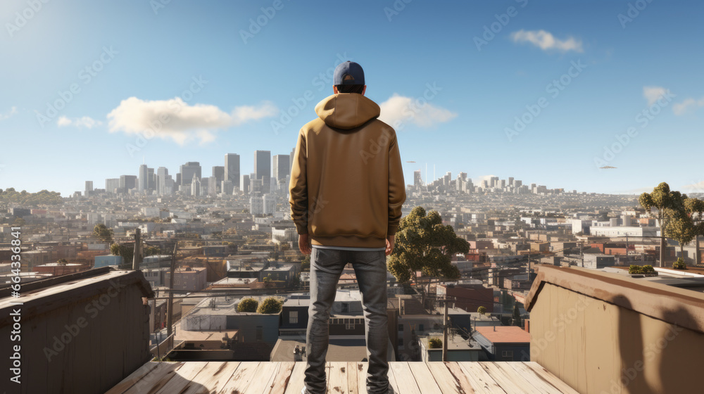 young man walking down the street of a big city