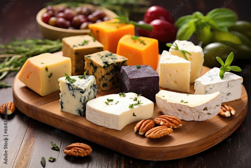 vegan cheese assortment on a rustic wooden board