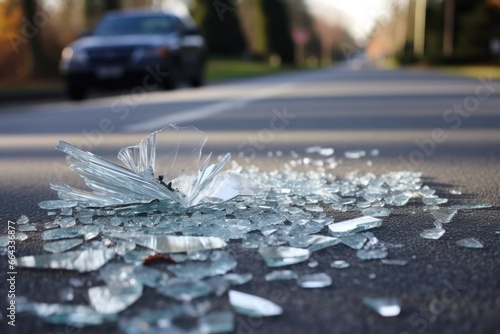 shattered glass spread on the pavement from a vehicle crash