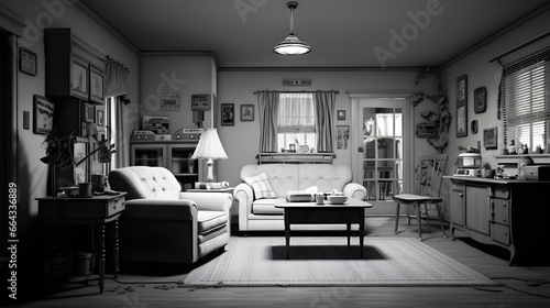 Classic 1950s American living room in black and white photo
