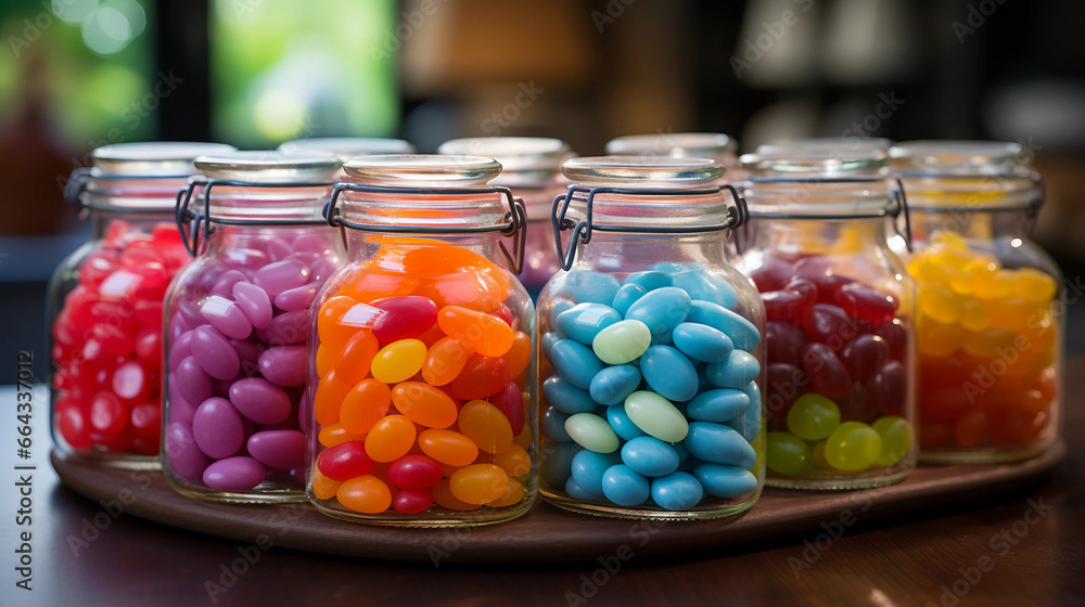 colorful hardboiled candy, in a glass jar, on a traditional kitchen bench colorful hardboiled candy, in a glass jar, on a traditional kitchen bench