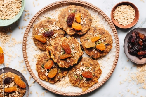 an overhead shot of vegan oats pancakes with dried fruits