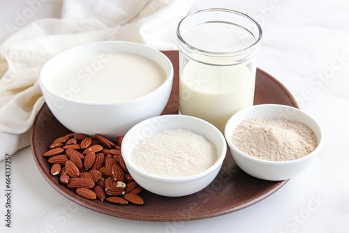 vegan pancake mix ingredients: almond milk, flour, and flaxseed
