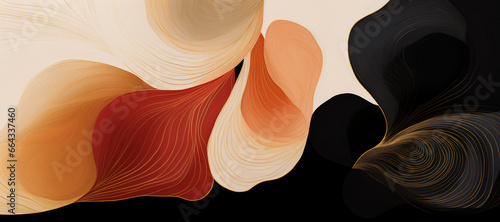 Smooth and fluid abstract background consists of multiple layers of curved lines and shapes in different colors - white, beige, orange, red, and black. 