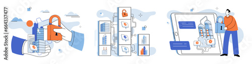 Industrial cyber security. Vector illustration. Privacy must be safeguarded in digital realm cyberspace Factories and industrial systems require robust cyber security measures The industrial sector