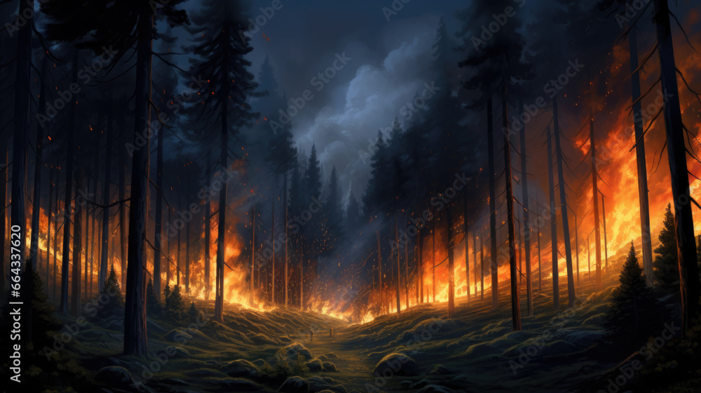Intense flames from a massive forest fire. Flames light up the night as they rage thru pine forests