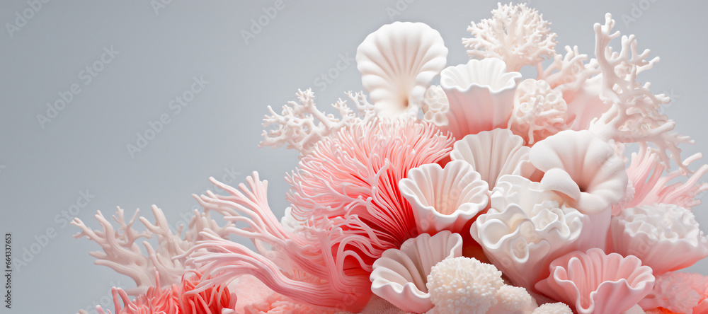 A collection of coral-like surreal structures in various shades of pink and white, arranged in a way that they appear to be growing out of one another. Grey background. Dreamy, ethereal mood. A collection of coral-like surreal structures in various shades of pink and white, arranged in a way that they appear to be growing out of one another. Grey background. Dreamy, ethereal mood.