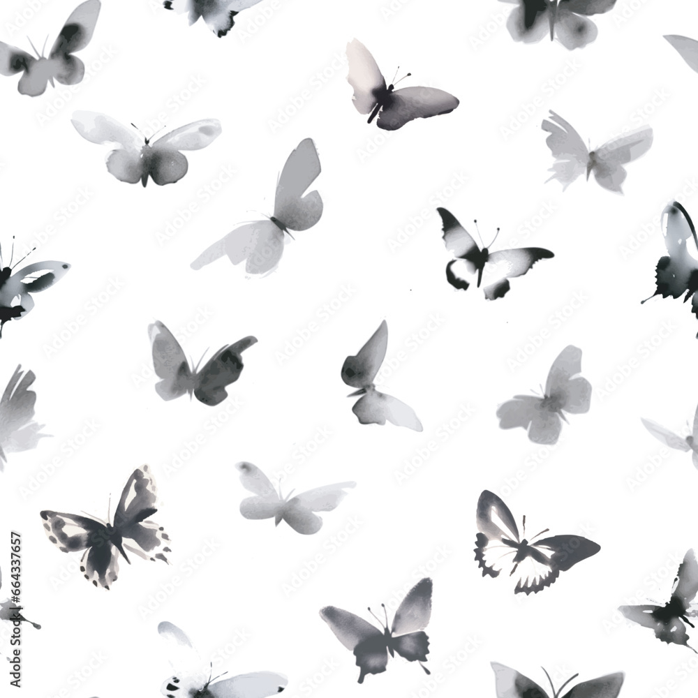 Sumi-e-inspired seamless vector pattern with butterflies. Can be used for wallpaper, pattern fills, textile, web page background, surface textures. Sumi-e-inspired seamless vector pattern with butterflies. Can be used for wallpaper, pattern fills, textile, web page background, surface textures.