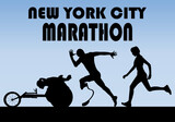 Maratón de la ciudad de Nueva York. Siluetas  de corredores con discapacidad con silla adaptada y pierna ortopédica y corredora sin discapacidad