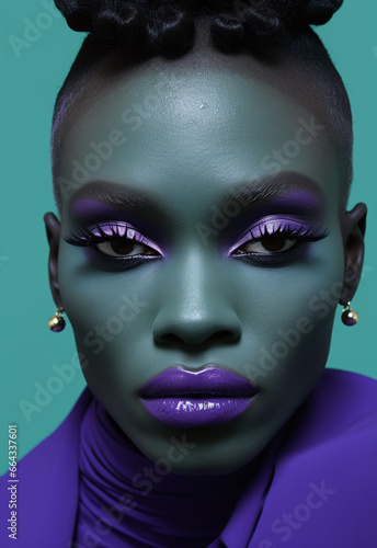 Portrait of african girl with a bright makeup made of purple.