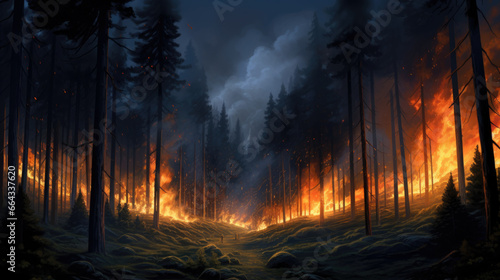 Intense flames from a massive forest fire. Flames light up the night as they rage thru pine forests © Ruslan Gilmanshin