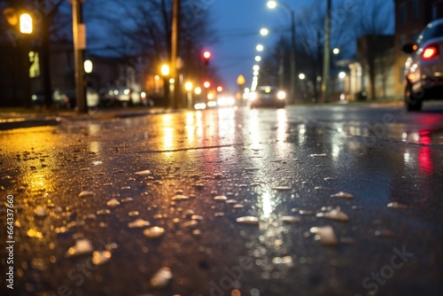 flashing police lights reflecting on wet pavement