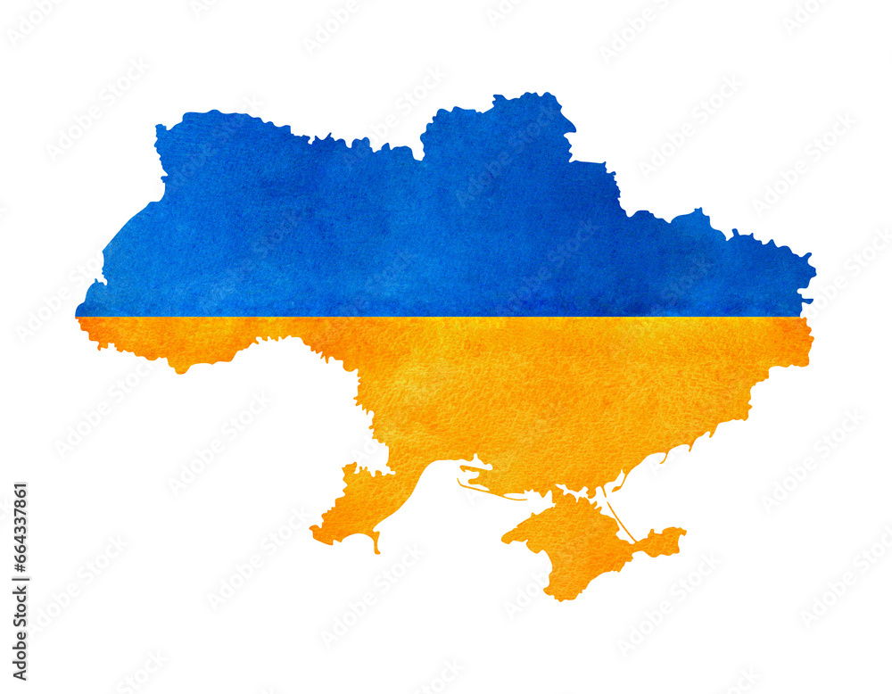 Hand-painted watercolor Ukraine map illustration. Country silhouette with the national flag. Isolated on a transparent background