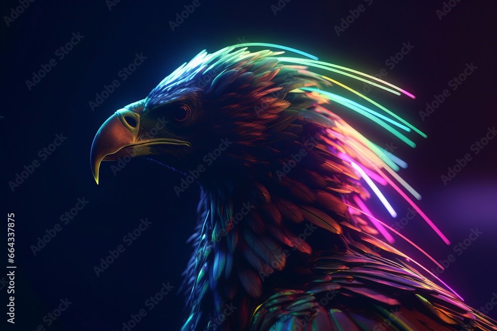 Obraz premium Falcon with bright colorful shades. Wildlife predator in darkness with neon colors. Generate ai