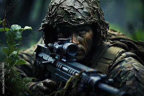 Close-up of a military man in camouflage uniform with a sniper rifle sitting in ambush in forest