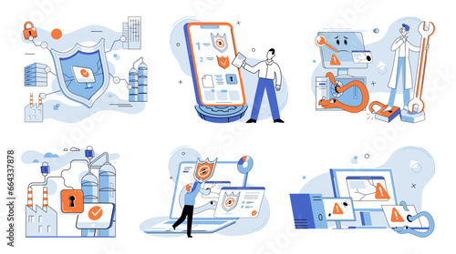 Industrial cyber security. Vector illustration. A robust framework is necessary to protect critical infrastructure in cyberspace The internet connects businesses and facilitates global industrial