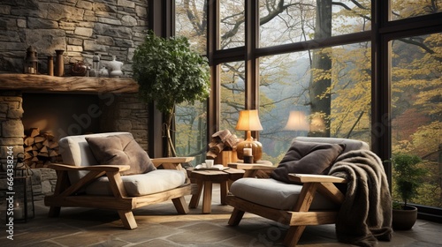 A rustic live edge table and wooden armchairs are set against windows, adding natural elements to the Scandinavian interior design of the modern living room