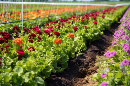 drip irrigation feeding a bed of blooming flowers