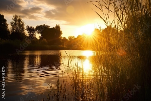 golden evening sunbeams glisten on a tranquil pond