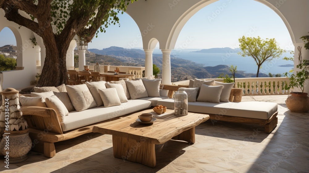 A rustic lounge sofa and a coffee table are set on a white stone terrace, embodying traditional Mediterranean architecture and offering a view of the sea