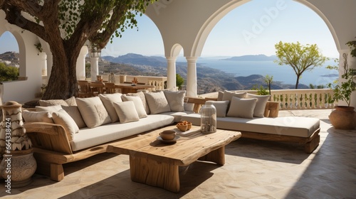 A rustic lounge sofa and a coffee table are set on a white stone terrace  embodying traditional Mediterranean architecture and offering a view of the sea