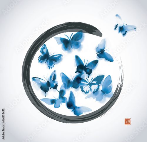 Ink painting of blue butterflies in black enso zen circle on white background. Traditional Japanese ink wash painting sumi-e. Hieroglyph - joy.