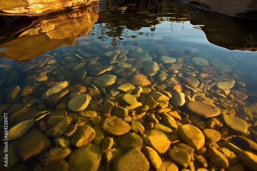 evening light reflects off smooth stones in a pond