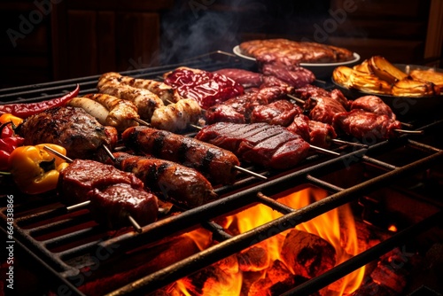 a grill with a variety of meats on it. Generative AI