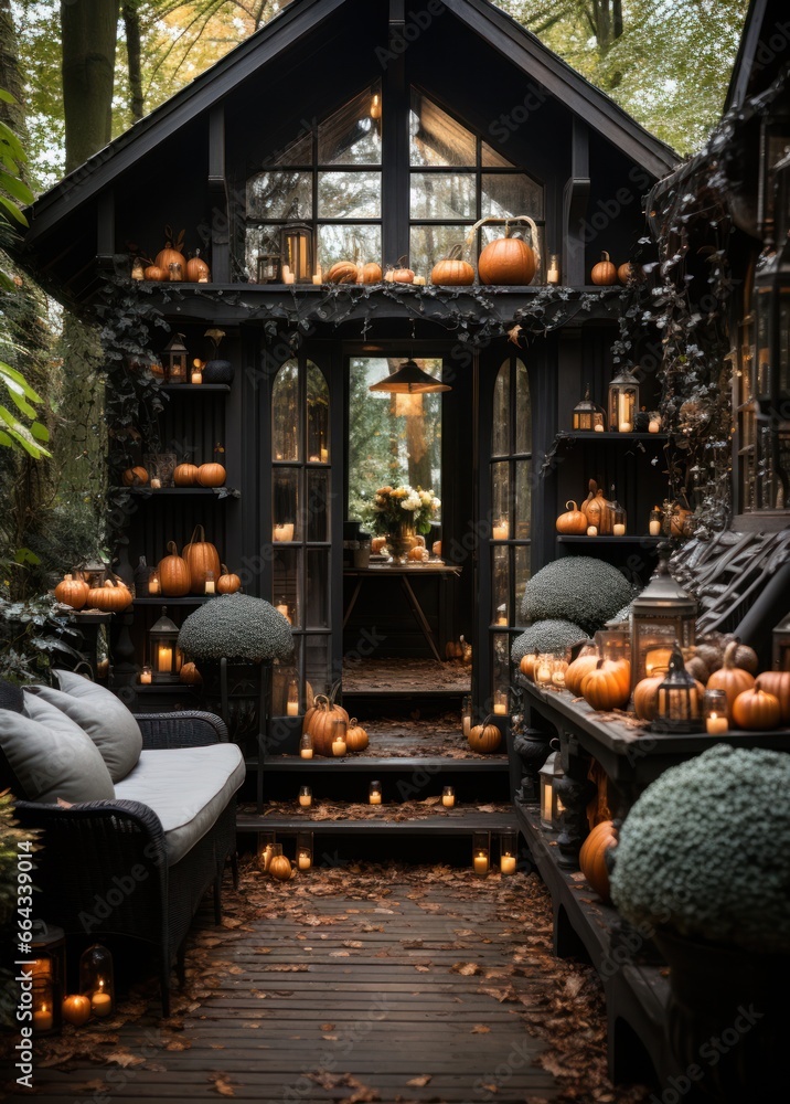 Halloween pumpkins jack o' lanterns, flowers and decor on front porch, staircase, exterior home decor, seasonal decorations