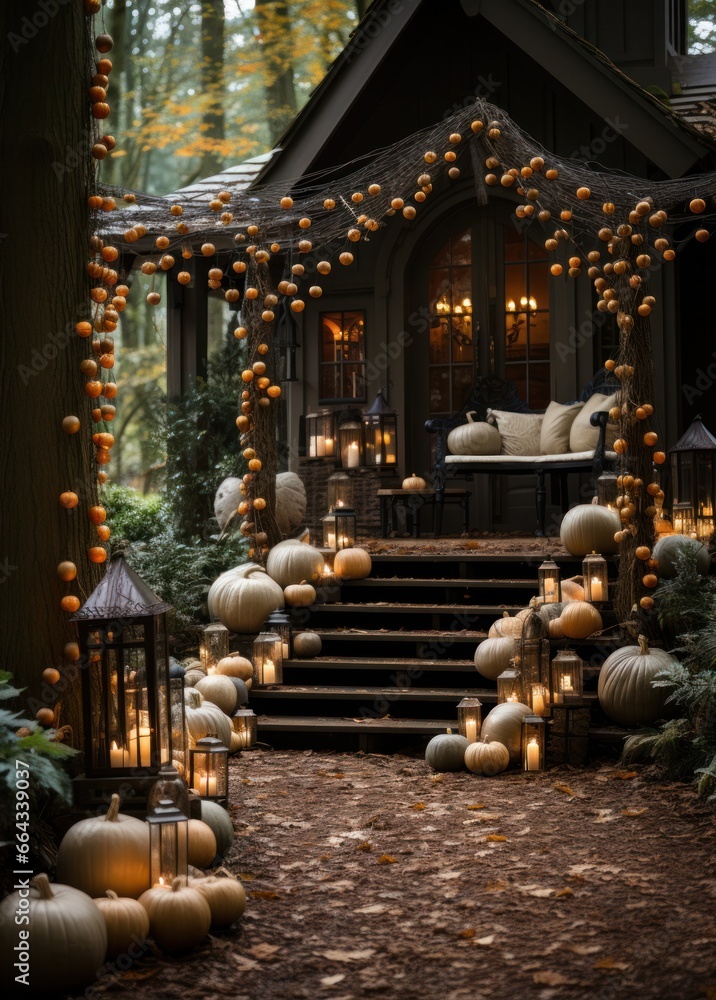 Halloween pumpkins jack o' lanterns, flowers and decor on front porch, staircase, exterior home decor, seasonal decorations