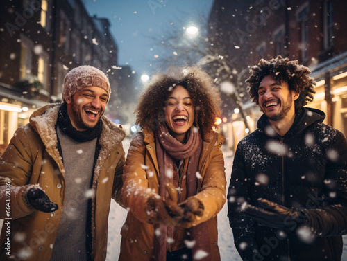 Two men and a woman throw snowballs on a snowy street at Christmas.