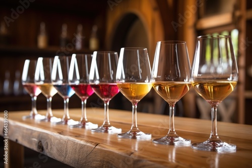 wine tasting glasses lined up on a wooden table