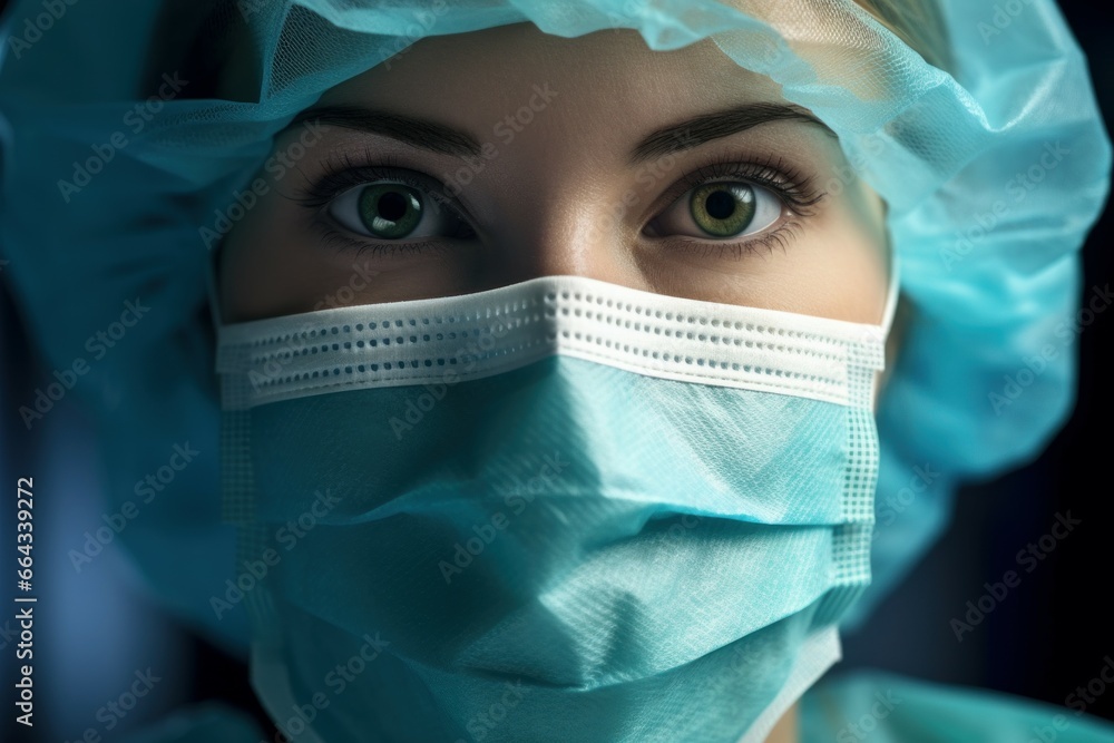 Female surgeon in mask closeup surgery. Surgical cap clinic professional worker. Generate Ai Female surgeon in mask closeup surgery. Surgical cap clinic professional worker. Generate Ai