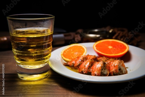 tequila next to a dish of spicy shrimp