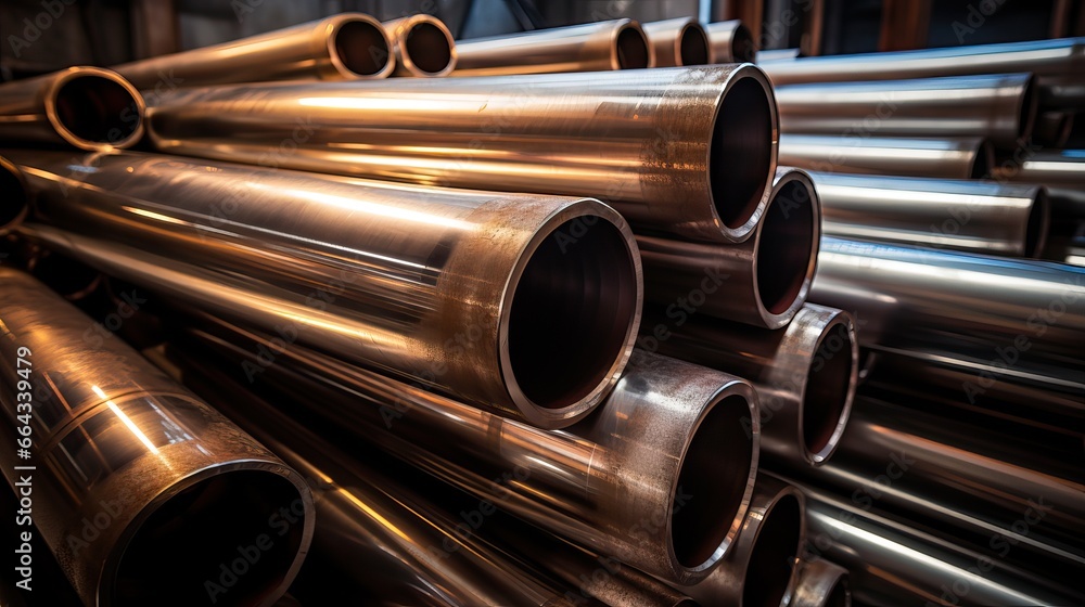 Naklejka premium Close-Up of Steel Pipes in Warehouse