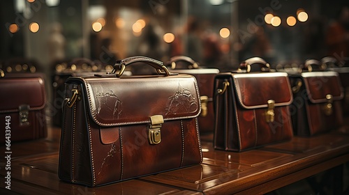 Showcase of Classic Leather Brown Briefcases in Haberdashery Store photo