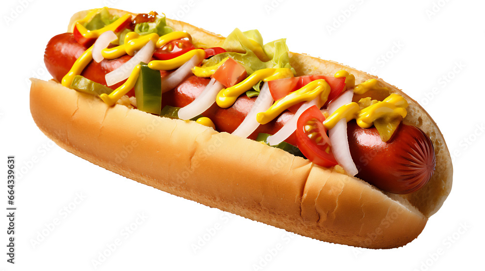 Delicious Hot Dog with Ketchup, Mustard and toppings, on transparent png. Ai generative. Delicious Hot Dog with Ketchup, Mustard and toppings, on transparent png. Ai generative.