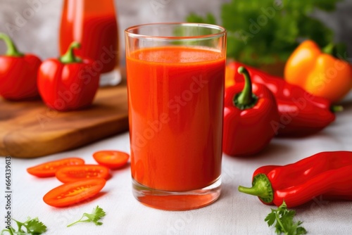 close-up of red pepper juice with sliced peppers on the side