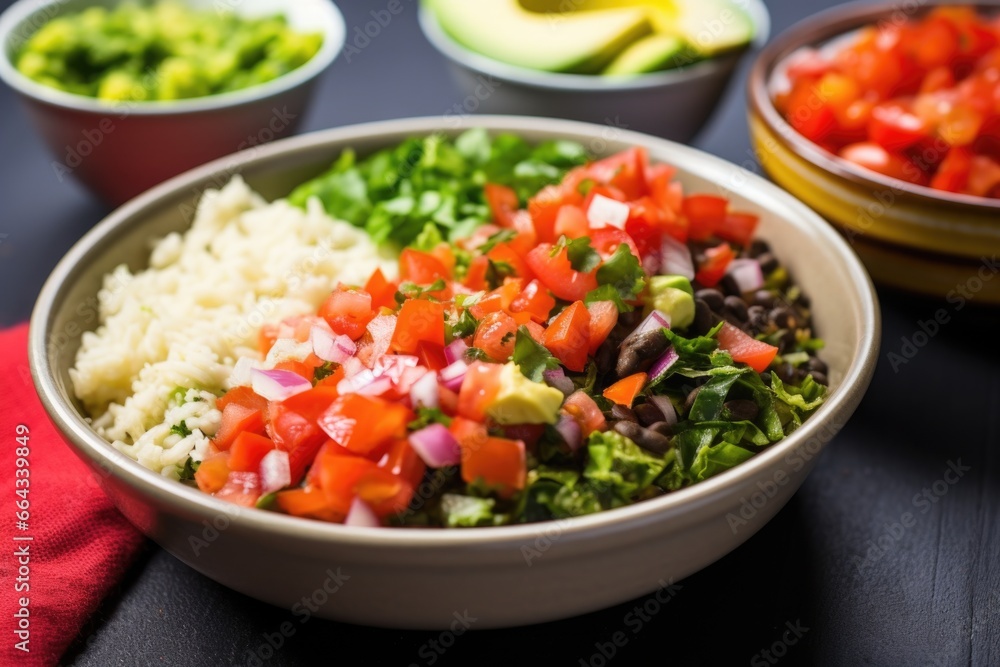 veggie burrito bowl with pico de gallo and chili sauce veggie burrito bowl with pico de gallo and chili sauce