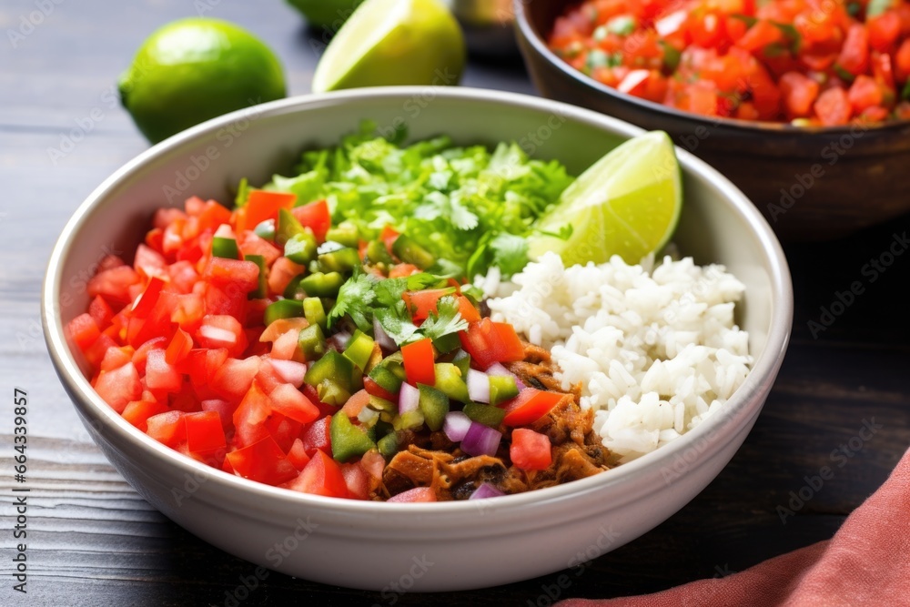 veggie burrito bowl with pico de gallo and chili sauce veggie burrito bowl with pico de gallo and chili sauce