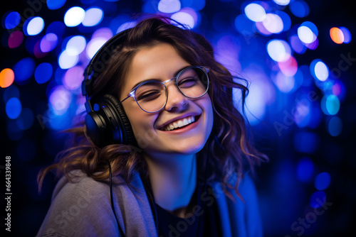 Portrait of a smiling woman wearing headphones in the nightclub