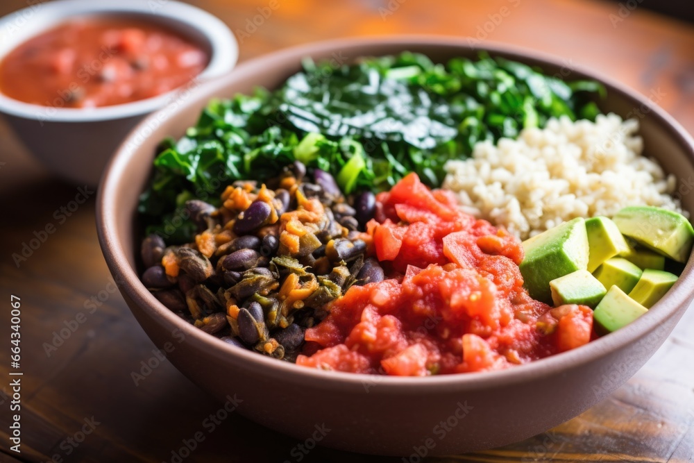 nutritious veggie burrito bowl with spicy tomato sauce
