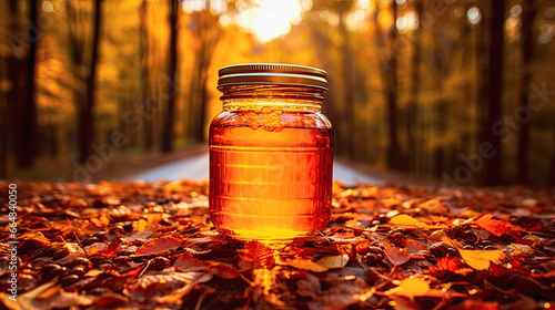 Honey in a glass jar   Honey farm.