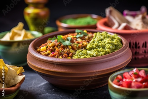 bowl with guacamole, corn, and pinto beans as focus