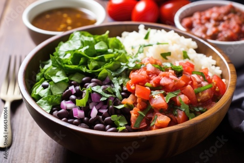 nutritious veggie burrito bowl with spicy tomato sauce