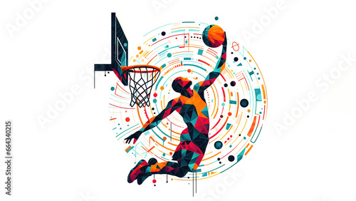Print op canvas Illustration of a basketball player dunking on the loop, colourful abstract art