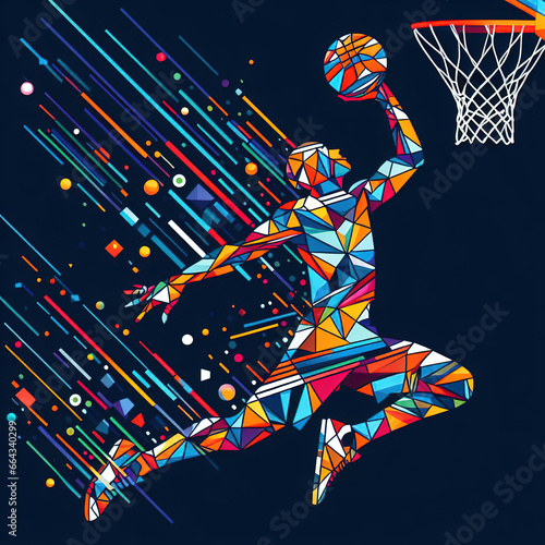 Fotobehang Illustration of a basketball player dunking on the loop, colourful abstract art