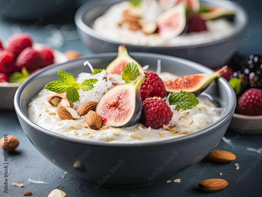 A plate with rice porridge and fresh figs. Generated by AI. A plate with rice porridge and fresh figs. Generated by AI.