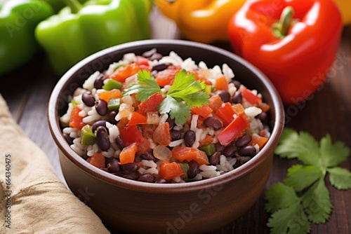 black beans, rice, bell peppers in a bowl with red salsa