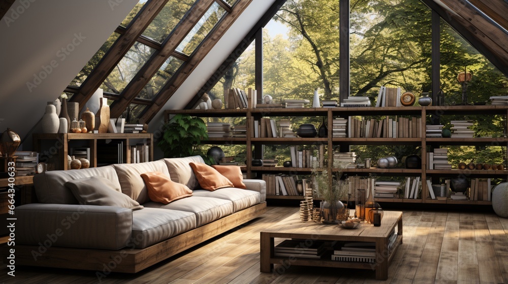A rustic sofa stands against a shelving unit with books, representing Scandinavian home interior design in the modern living room in an attic with skylights A rustic sofa stands against a shelving unit with books, representing Scandinavian home interior design in the modern living room in an attic with skylights